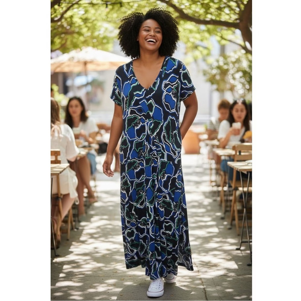 Chico's Travelers Size-3 Maxi Dress Short Sleeve Slinky Floral Boho